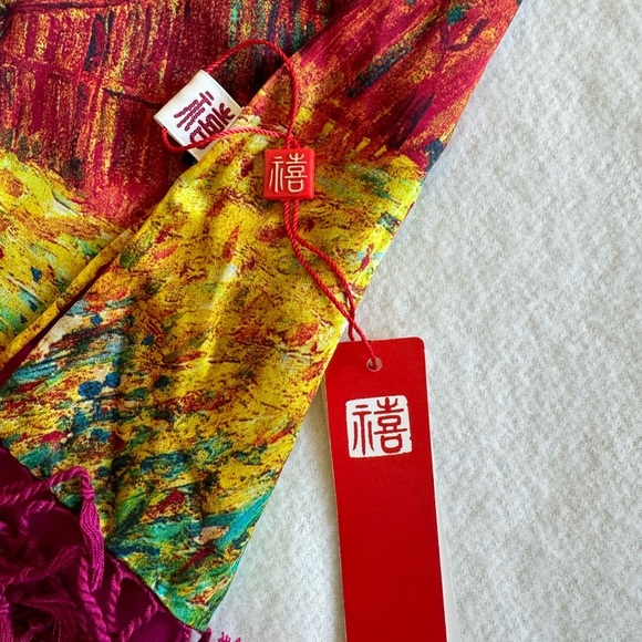 Pure Silk Viscose Oblong Art Oil Fall Trees Painting Scarf 68” L - Picture 3 of 7